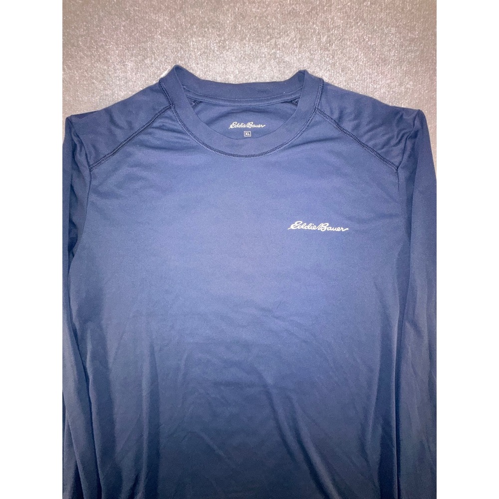 Eddie Bauer‎ Mens XL Navy Blue Long Sleeve Graphic Performance Shirt Mountain